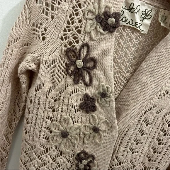 Anthropologie Field Flower Cardigan small tan beige wool cashmere crochet - Picture 5 of 13